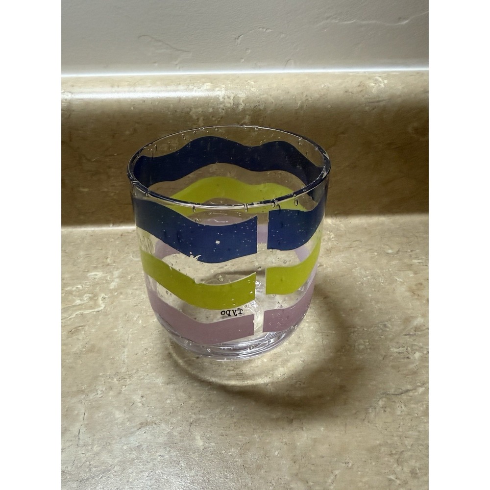 Typo Hand-Blown Glass Cup Wavy Stripes Blue Green Pink 4"
